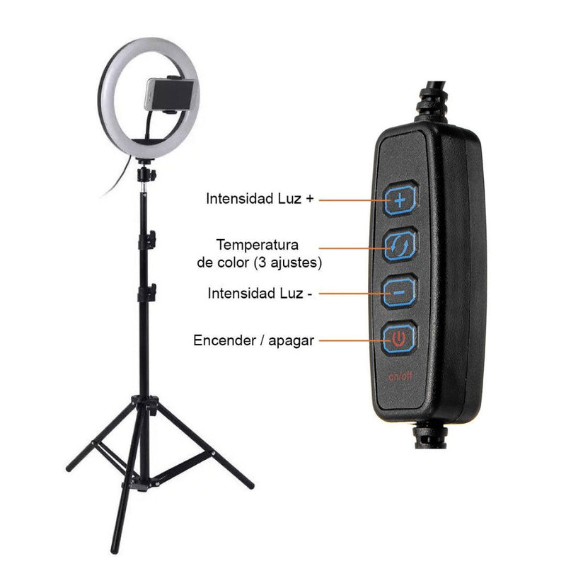 Aro de luz LED de 26 cm con trípode y soporte para celular